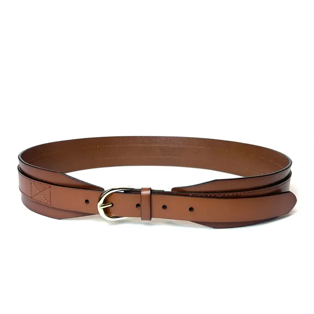 J. Crew Brown Leather Wide Waist Belt Gold Tone Buckle Size M/L